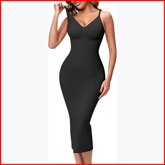 Seamless V Neck Shapewear Slip Tummy Control Body Shaper with Back Slit
